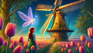 Lila examina un molino de viento desgastado junto a campos de tulipanes brillantes bajo la luz de la luna, guiada por la resplandeciente Hada de los Tulipanes.