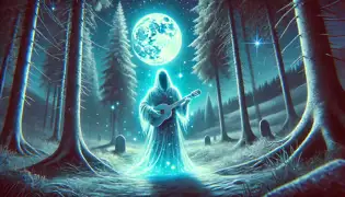 El espectral trovador Lorenz, resplandeciendo débilmente, tocando un laúd en un claro nevado bañado por la luz de la luna.