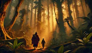 Isidro y Caleb caminan a través de un denso bosque andino al anochecer, con una energía mística en el aire.