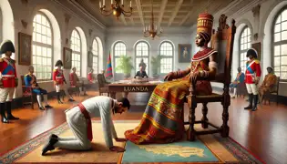 La reina Nzinga sentada en un trono humano durante una reunión diplomática con el gobernador portugués en Luanda.