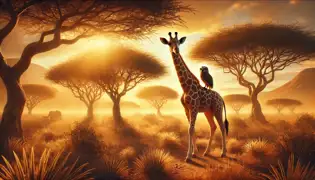 Nkanyezi se encuentra con un búho llamado Umlilo cerca de una arboleda de acacias al amanecer, marcando el inicio de su viaje.