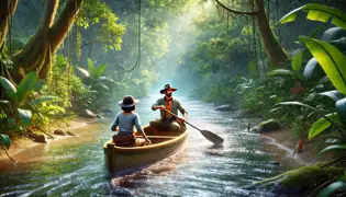 Ana y Tavio navegan en una canoa de madera por el resplandeciente río Silver, enmarcado por una densa selva tropical y bañado por la luz dorada del sol.