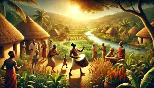 Una próspera aldea zambiana donde Nfumu toca el tambor mágico, mientras los aldeanos celebran entre la exuberante vegetación y los cultivos.