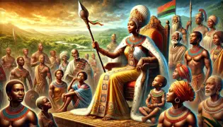 La reina Nzinga, en sus últimos años, sentada en un trono rodeada de personas, con una lanza que simboliza su legado perdurable.