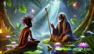Un viejo sabio con dreadlocks grises habla con Mwamba junto a un resplandeciente estanque en el bosque, bajo haces de luz mágica.