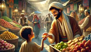 El comerciante sonríe amablemente en un mercado, ayudando a un niño a elegir pan entre coloridos puestos y una actividad vibrante.