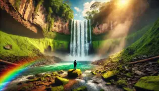 A powerful waterfall crashing into a pool, with a traveler gazing in awe