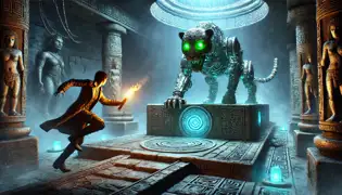 La doctora Elena Martínez se encuentra en la gran sala, esquivando jaguares mecánicos cerca de la brillante estatua del Jaguar de piedra.