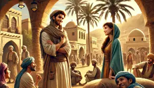 Khalid, un marchand, raconte des histoires aux villageois près d'une oasis désertique, tandis que Layla écoute sous l'ancien palmier.