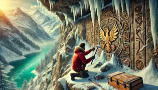 Un arqueólogo talla el hielo en un acantilado, revelando un mapa antiguo con un emblema de un fénix cerca del lago Oeschinen.
