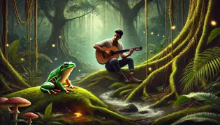 Javier se arrodilla en El Yunque, tocando su guitarra cerca de un árbol ancestral, bajo la atenta mirada de una luminosa rana coquí.