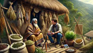 Isidro, un chamán, escucha a un preocupado periodista, Caleb, afuera de su hogar de madera adornado con hierbas en Otavalo.