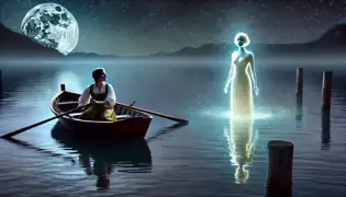 Lotte rema en una pequeña barca en el lago Traun iluminado por la luna, mientras Undine, un resplandeciente espíritu del agua, emerge de las profundidades.