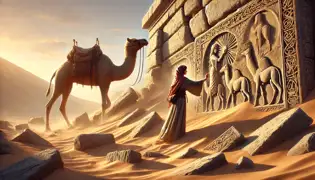 Layla descubre antiguas tallas en una pared de piedra parcialmente enterrada tras una tormenta de arena.