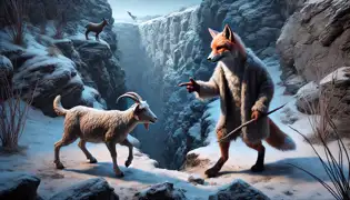 A sly fox gestures toward a steep ravine, pretending to guide a hesitant goat to safety in the cold, snowy wilderness.