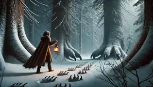 Elin sigue unas enormes huellas en el bosque nevado, sosteniendo una linterna mientras camina entre los altos árboles.