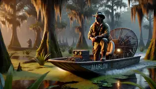 Marlon steht bei Dämmerung auf seinem Luftboot und durchkämmt den Sumpf nach Anzeichen des stinkenden Affen.