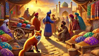Los comerciantes en un bazar medieval de Afganistán discuten cerca de una caravana, mientras un astuto zorro escucha en secreto.