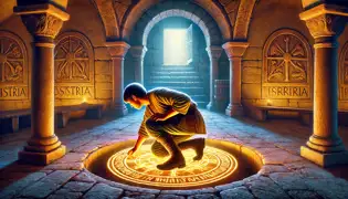 Luka se agacha junto a una piedra circular brillante dentro de una antigua capilla, revelando un pasaje secreto debajo.