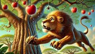 Mwamba leaps for a high-hanging fruit, but Kalulu easily climbs the tree, showing how intelligence can outmaneuver brute force.
