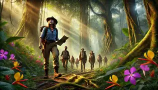 La Dra. Elena Martínez y su equipo atraviesan una densa jungla, con la luz del sol filtrándose a través del dosel.