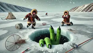 Dos aterrorizados niños inuit huyen mientras una mano verde y con garras emerge violentamente de un agujero helado de pesca.