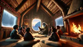Un anciano inuit narra historias a la luz del fuego, mientras los niños lo escuchan atentamente. La silueta de un Kalopalik se insinúa en el exterior.