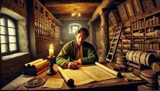 Em um arquivo sombrio, Lukas estuda velhos pergaminhos e livros à luz de velas.