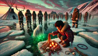 Un niño inuit ofrece regalos tradicionales al amanecer, mientras es observado por los aldeanos y una figura misteriosa bajo el hielo.