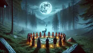 Os aldeãos formam um círculo ritual em uma clareira iluminada pela luz da lua, onde aparece um ícone espectral de uma cabra montês.
