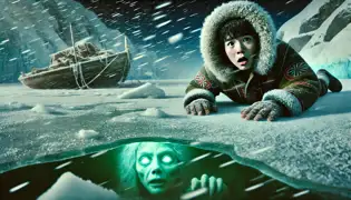 Un niño inuit tumbado sobre el hielo, mirando con temor a los ojos brillantes que emergen de debajo de la superficie congelada del mar.