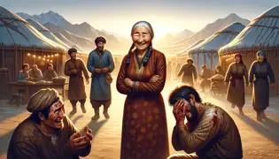 La anciana se mantiene erguida y segura mientras los aldeanos se ríen de tres ladrones humillados que regresan, cubiertos de barro y avergonzados.