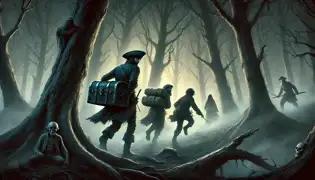 Tres asustados ladrones tropiezan por un oscuro bosque envuelto en neblina, luchando para cargar un pesado cofre, mirando con temor a su alrededor.