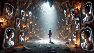 Samira en una cueva de espejos, enfrentándose a sus diferentes reflejos bajo una luz etérea.