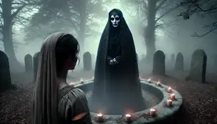 La figura fantasmal de Ghaliya, envuelta en un manto negro, se encuentra en un círculo de piedras resplandecientes, dirigiéndose a una joven.