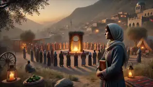 Los aldeanos se congregan cerca de un resplandeciente santuario al pie del Jabal al-Nabi Yunis, mientras Samira sostiene un diario.