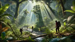 Exploradores avanzando a través de la densa maleza de la selva amazónica, iluminados por la luz del sol que se filtra a través del espeso dosel.