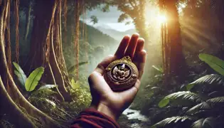 Un amuleto dorado con intrincados grabados, sostenido con cuidado en la mano de una persona, mientras la jungla se ilumina suavemente en el fondo.