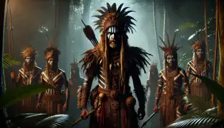 Guerreros indígenas con rostros pintados y armaduras tradicionales emergen de las sombras de la selva, portando lanzas y escudos.