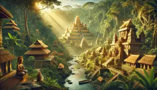 La Ciudad Perdida de Paititi, con sus techos dorados y templos ancestrales, rodeada de exuberante selva tropical y brillando bajo la luz del sol.