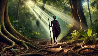 Mwamba camina descalzo por un bosque bañado por el sol, llevando un bastón de madera en su viaje espiritual.