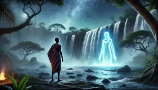Mwamba ve un espíritu resplandeciente junto al río Zambezi iluminado por la luna, sintiendo asombro y maravilla.