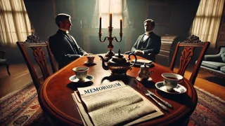 Una tensa escena en el salón, mientras el diplomático confronta el memorando de Dupin durante una taza de té.