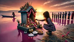 Una joven coloca flores en un altar junto al lago Retba, rindiendo homenaje a su legado místico, mientras los aldeanos observan al amanecer.