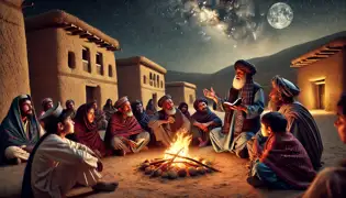 Los ancianos tribales relatan la historia de Malalai a los niños alrededor de una fogata en la actual Maiwand, bajo un cielo estrellado.