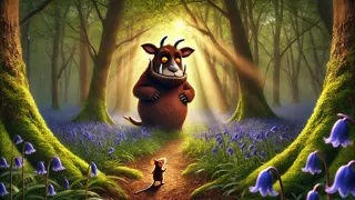 El Gruffalo y el ratón caminan juntos por un claro lleno de campanillas azules, bajo la luz filtrada del sol en un bosque británico.