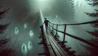 Un viejo puente de madera, tambaleándose y suspendido sobre un profundo abismo cubierto de niebla, con Andrei avanzando mientras susurrantes ecos fantasmas flotan a su alrededor.