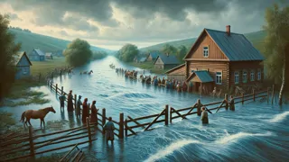 El pueblo junto al río observa cómo las aguas crecen bajo un cielo nublado.