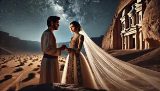 Layla y Omar se encuentran bajo un cielo estrellado en Wadi Qelt, tomados de la mano mientras el viento del desierto levanta su velo.