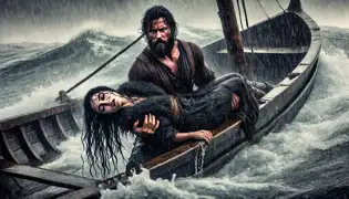 Erik, un robusto pescador, saca del tempestuoso Mar Báltico a una mujer inconsciente envuelta en una piel negra y la coloca en su bote de madera.